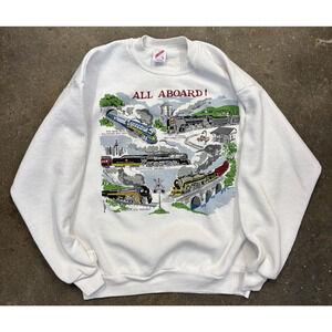Vintage Trains Crewneck Sweatshirt Jerzees Men's Large USA Made 90's All Aboard
